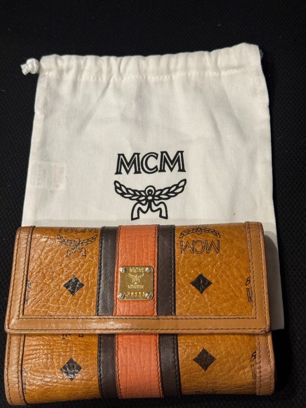 Vintage Authentic MCM Visetos Medium Trifold Wallet Cognac w/Dust Bag & COA